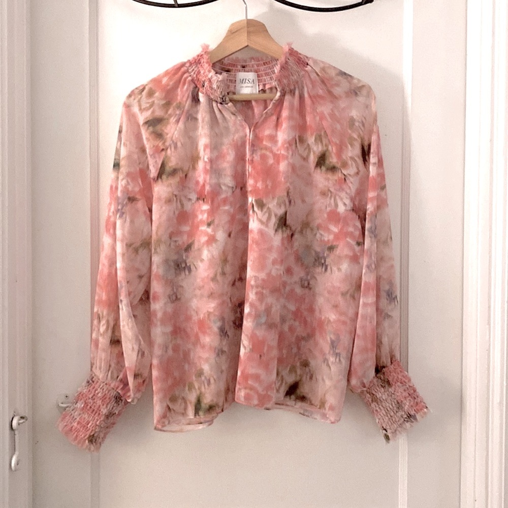 Misa Los Angeles Pink Long Sleeve Ruffled Blouse with Mandarin Collar